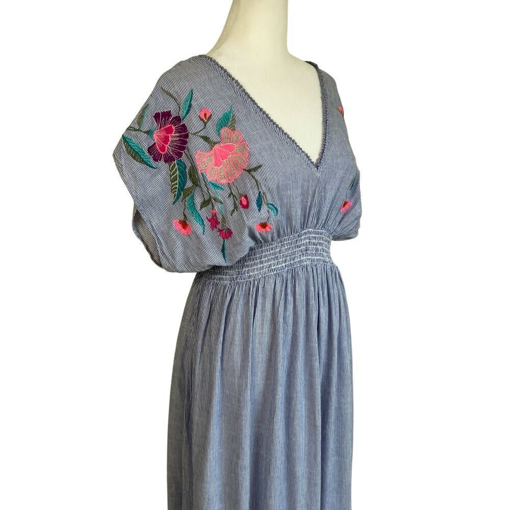See And Be Seen Sz L Floral Embroidered Maxi Dress Striped Smocked Waist Beachy - Picture 6 of 16